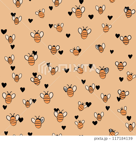 Seamless pattern with bees on color background. Small wasp. Vector illustration. Adorable cartoon character. Template design for invitation, cards, textile, fabric. Doodle style Seamless pattern with bees on color background. Small wasp. Vector illustration. Adorable cartoon character. Template design for invitation, cards, textile, fabric. Doodle style 117184139