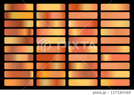 Metalic gradient collection with shiny gold hologram. Holographic foil texture, gold rose, brown and golden gradation. Vector set for frame, ribbon, border, other design 117184169