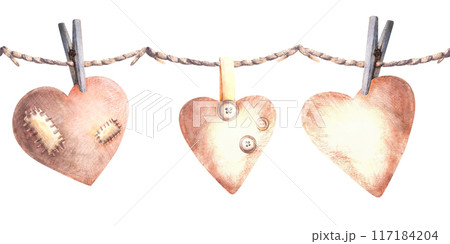 Watercolor Heart on clothespin hanging on a rope with patches and buttons. Seamless border, pattern. Valentines Day handmade Love decoration, gift wrapping. Hand drawn Illustration Isolated background Watercolor Heart on clothespin hanging on a rope with patches and buttons. Seamless border, pattern. Valentines Day handmade Love decoration, gift wrapping. Hand drawn Illustration Isolated background 117184204