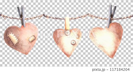 Watercolor Heart on clothespin hanging on a rope with patches and buttons. Seamless border, pattern. Valentines Day handmade Love decoration, gift wrapping. Hand drawn Illustration Isolated background 117184204