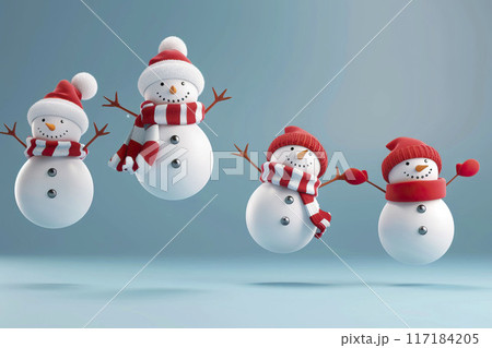 AI-generated item.3d snowmans with red hat and scarf on blue background. 117184205