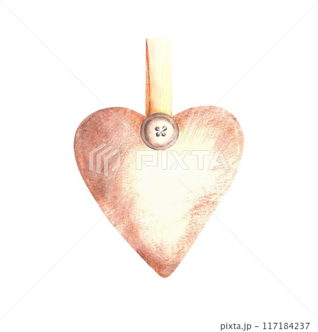 Beige heart on a ribbon, bow with sewn on buttons. Watercolor hand made Love Valentines Day gift, greeting cards, birthday present, vintage decoration Hand drawn Illustration. Isolated from background 117184237