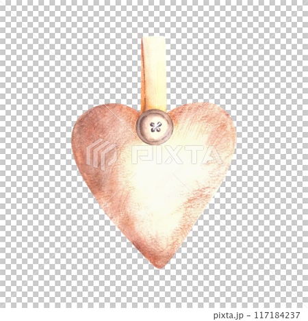 Beige heart on a ribbon, bow with sewn on buttons. Watercolor hand made Love Valentines Day gift, greeting cards, birthday present, vintage decoration Hand drawn Illustration. Isolated from background 117184237