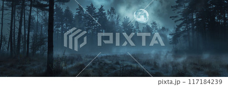 AI-generated item. Foggy forest at night with full moon. Halloween background. 117184239