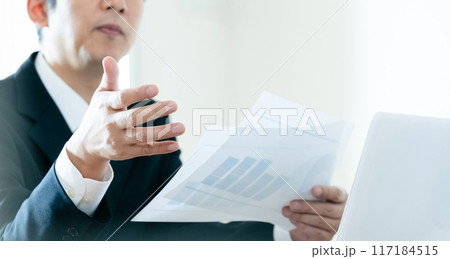 書類を見ながら説明する上司の男性 117184515