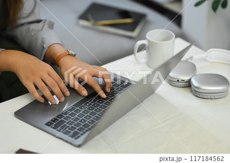 Cropped image of young female freelancer working with laptop in living room 117184562
