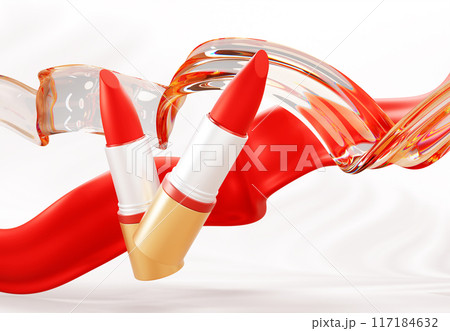 3d lipstick cosmetics make up beauty product ad banner. Red fluid flow lip gloss and liquid glass transparent ribbon wave line on white background render. Luxury promo poster mockup. 3D illustration 3d lipstick cosmetics make up beauty product ad banner. Red fluid flow lip gloss and liquid glass transparent ribbon wave line on white background render. Luxury promo poster mockup. 3D illustration 117184632