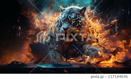 Running abstract tiger with open mouth in mud and dust 117184636