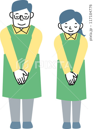 お辞儀をするエプロンを着けた女性と男性 117184776