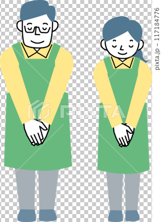 お辞儀をするエプロンを着けた女性と男性 117184776