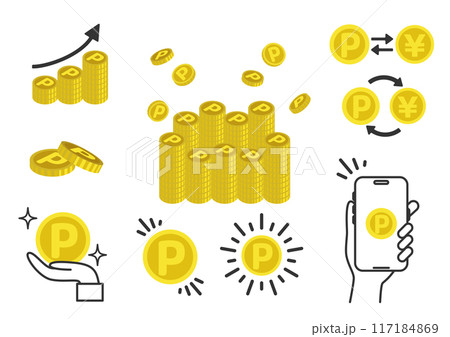 ポイントコインの挿絵イラストバリエーション　貯まる、増える、換金、手軽などのイメージ 117184869