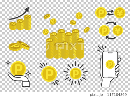 ポイントコインの挿絵イラストバリエーション　貯まる、増える、換金、手軽などのイメージ 117184869