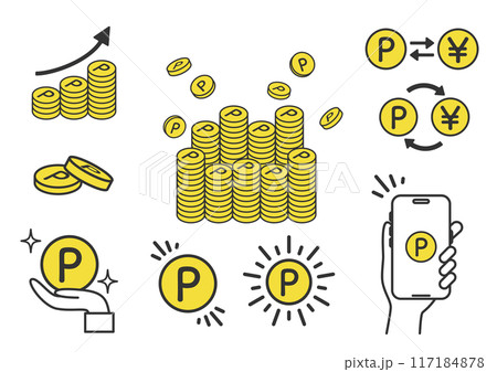 ポイントコインのイラストバリエーション 増える、換金する、スマホなど ポイントコインのイラストバリエーション 増える、換金する、スマホなど 117184878
