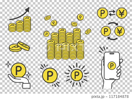 ポイントコインのイラストバリエーション 増える、換金する、スマホなど ポイントコインのイラストバリエーション 増える、換金する、スマホなど 117184878