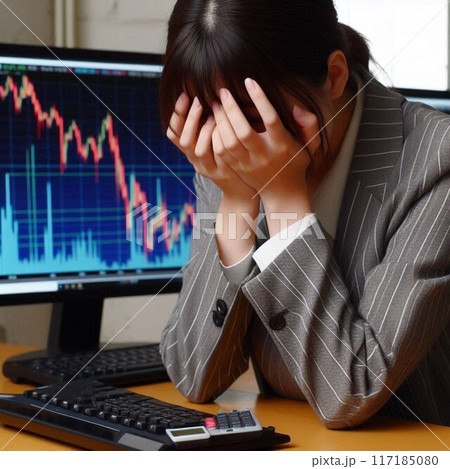 株価の変動に翻弄され頭を抱えて悩み落ち込む女性 117185080