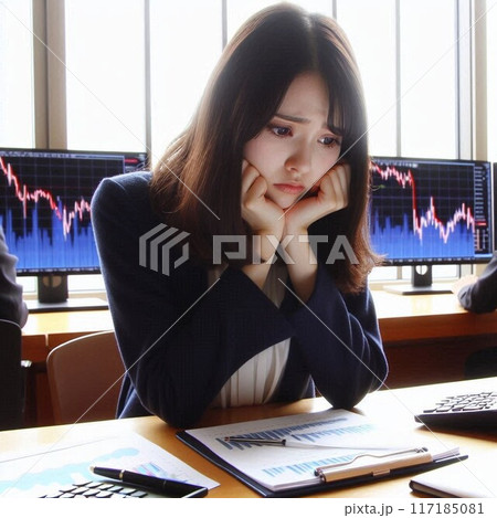 株価の変動に翻弄され頭を抱えて悩み落ち込む女性 株価の変動に翻弄され頭を抱えて悩み落ち込む女性 117185081
