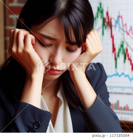株価の変動に翻弄され頭を抱えて悩み落ち込む女性 117185084