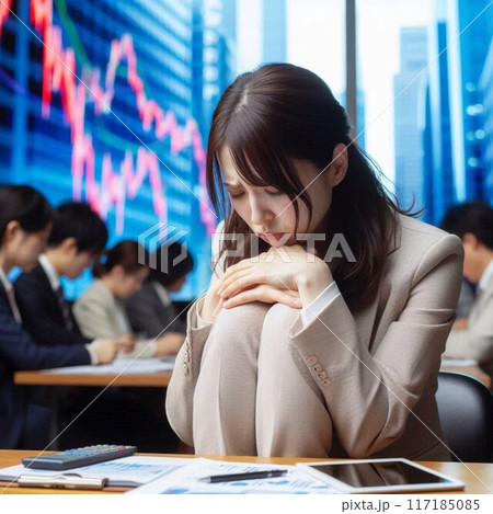 株価の変動に翻弄され頭を抱えて悩み落ち込む女性 117185085