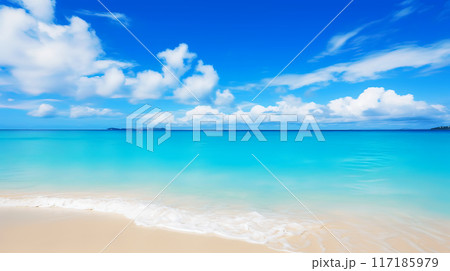 Clear turquoise sea with sand and bubbles on tropical beach and blue sky white cloud on summer holiday 117185979