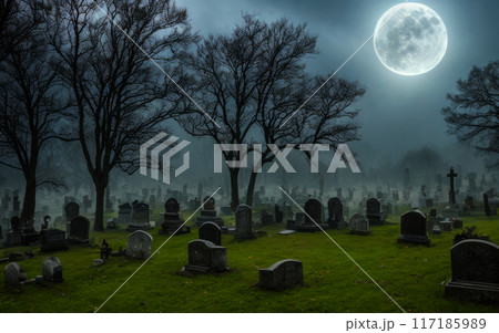 Haunted Cemetery Create a spooky graveyard with tombstones, mist, ghost specter and lurking spirits and horror trees, blood moon Haunted Cemetery Create a spooky graveyard with tombstones, mist, ghost specter and lurking spirits and horror trees, blood moon 117185989