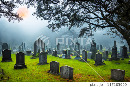 Haunted Cemetery Create a spooky graveyard with tombstones, mist, ghost specter and lurking spirits and horror trees 117185990