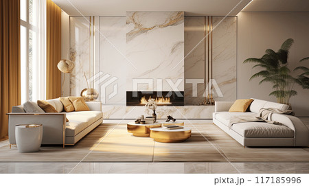 Living modern home interior with fireplace room and luxury gold marble decorate on wall surface of furniture Living modern home interior with fireplace room and luxury gold marble decorate on wall surface of furniture 117185996