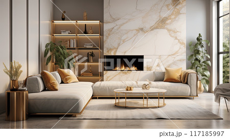 Living modern home interior with fireplace room and luxury gold marble on wall and decorate modern of furniture Living modern home interior with fireplace room and luxury gold marble on wall and decorate modern of furniture 117185997