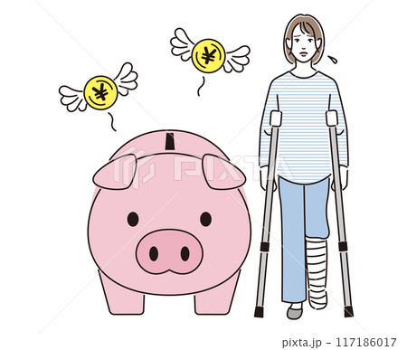 お金の心配をする松葉杖をついた女性 117186017