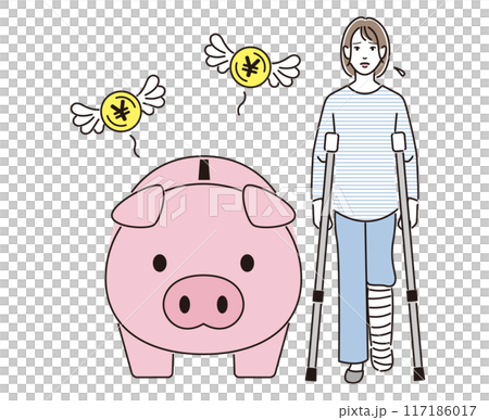 お金の心配をする松葉杖をついた女性 117186017