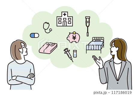 保険について考える女性と説明するFP 117186019