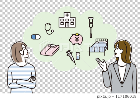 保険について考える女性と説明するFP 117186019