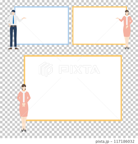 Text frame set of male and female office workers explaining important content Text frame set of male and female office workers explaining important content 117186032
