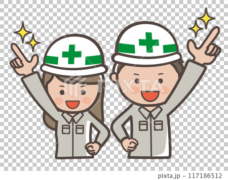 Illustration of male and female construction workers pointing at the sky and holding hope for tomorrow 117186512
