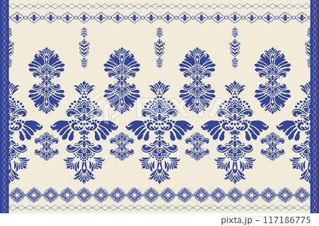 Ikat tribal Indian seamless pattern. Ethnic Aztec fabric carpet mandala ornament native boho chevron textile.Geometric African American oriental traditional vector illustrations. Embroidery style. 117186775