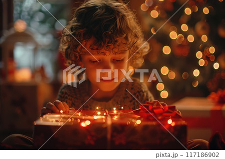 A child boy opens a Christmas present. Waiting for a gift. 117186902