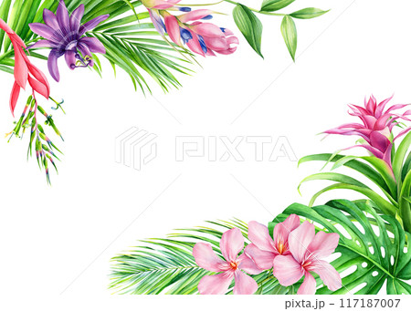 Tropical frame with palm leaves, flowers for sale poster, wedding card, party invitation. Watercolor templates isolated Tropical frame with palm leaves, flowers for sale poster, wedding card, party invitation. Watercolor templates isolated 117187007