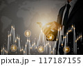 Businessman Hand and Finger Touch Mobile Phone and Stock Graph and Money Currency 117187155