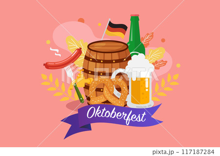 Oktoberfest banner with beer barrel sausage and pretzel 117187284