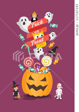 Trick or Treat Poster Halloween pumpkin basket with tiny children 117187285