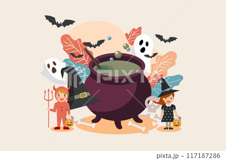 Witch cauldron with children in halloween costume. Witch cauldron with children in halloween costume. 117187286