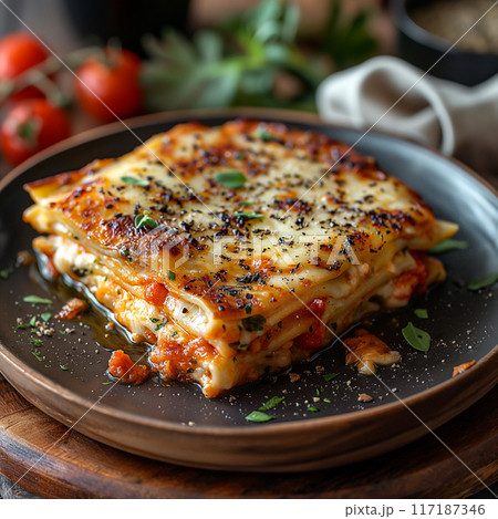 Mouthwatering Layered Lasagna Freshly Prepared With Herbs and Cheese. Generative AI Mouthwatering Layered Lasagna Freshly Prepared With Herbs and Cheese. Generative AI 117187346
