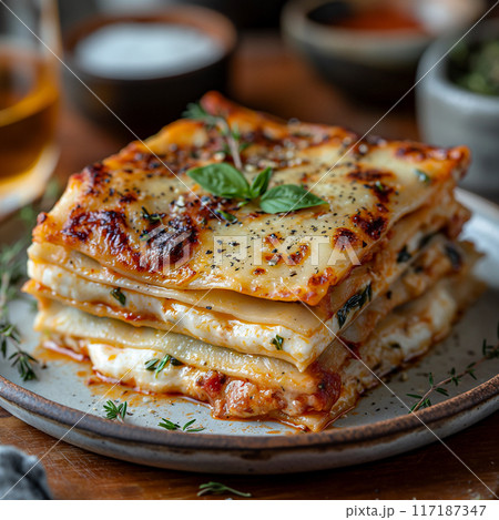 Mouthwatering Layered Lasagna Freshly Prepared With Herbs and Cheese. Generative AI Mouthwatering Layered Lasagna Freshly Prepared With Herbs and Cheese. Generative AI 117187347