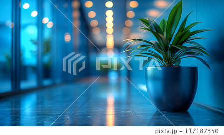 Elegant Royal Blue Office Corridor Featuring Lush Greenery and Soft Lighting. Generative AI 117187350