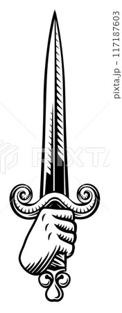 Sword Medieval Weapon Vintage Woodcut Tattoo Style 117187603