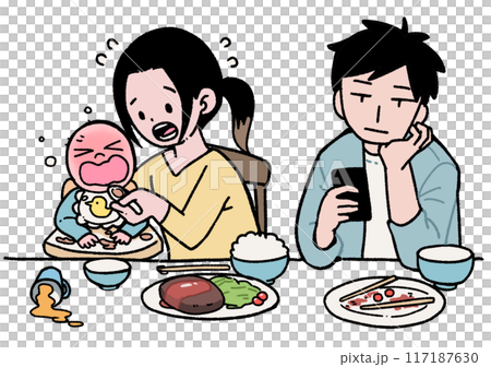 赤さんの世話をする妻と手伝わない夫 赤さんの世話をする妻と手伝わない夫 117187630