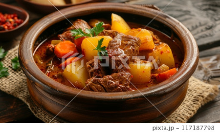 Beef meat stewed with potatoes, carrots and spices in ceramic pot 117187798