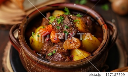 Beef meat stewed with potatoes, carrots and spices in ceramic pot 117187799