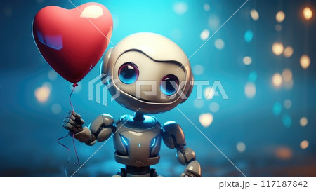 cute robot with red heart balloon illustration 117187842