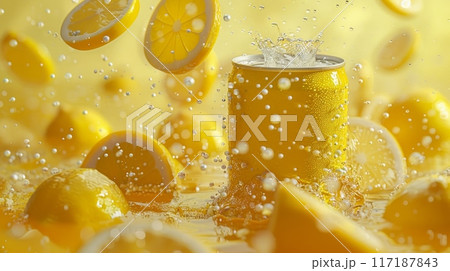 Refreshing Lemon Soda Can with Lemon Slices perfect for quenching your thirst with a burst of citrusy flavor 117187843