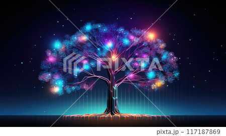 digital tree glowing in neon colors 117187869